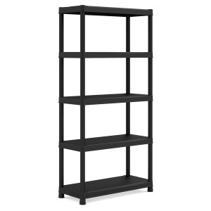 Scaffale nero t.b.t. con cinque ripiani per stoccaggio e organizzazione.