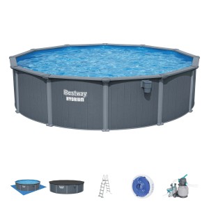 Set piscina Bestway Hydrium: Piscina con pareti in acciaio e accessori come scala e pompa filtro.