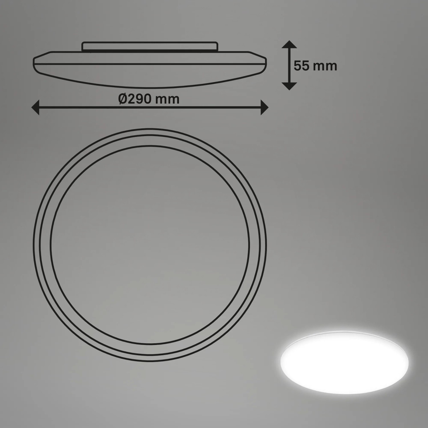 Disegno tecnico della lampada LED da bagno Briloner senza cornice, diametro 29 cm.