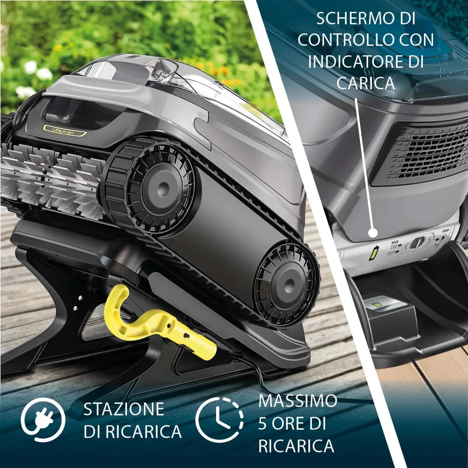 Robot per piscina a batteria Zodiac CNX-Li 5220 iQ grigio sulla stazione di ricarica, vista dettagliata.