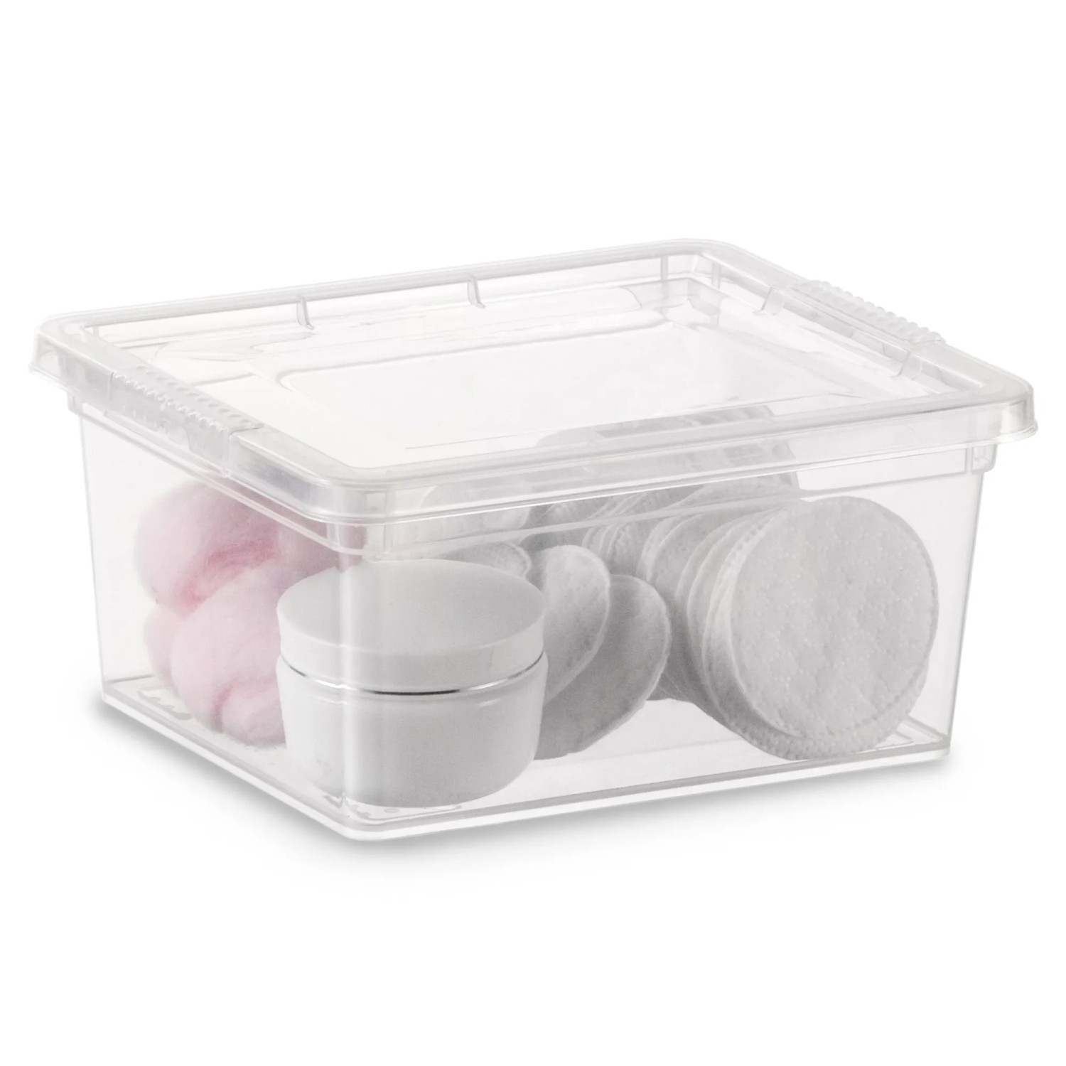 Box contenitore trasparente KIS C XXS con coperchio, riempita con dischetti di cotone e crema.