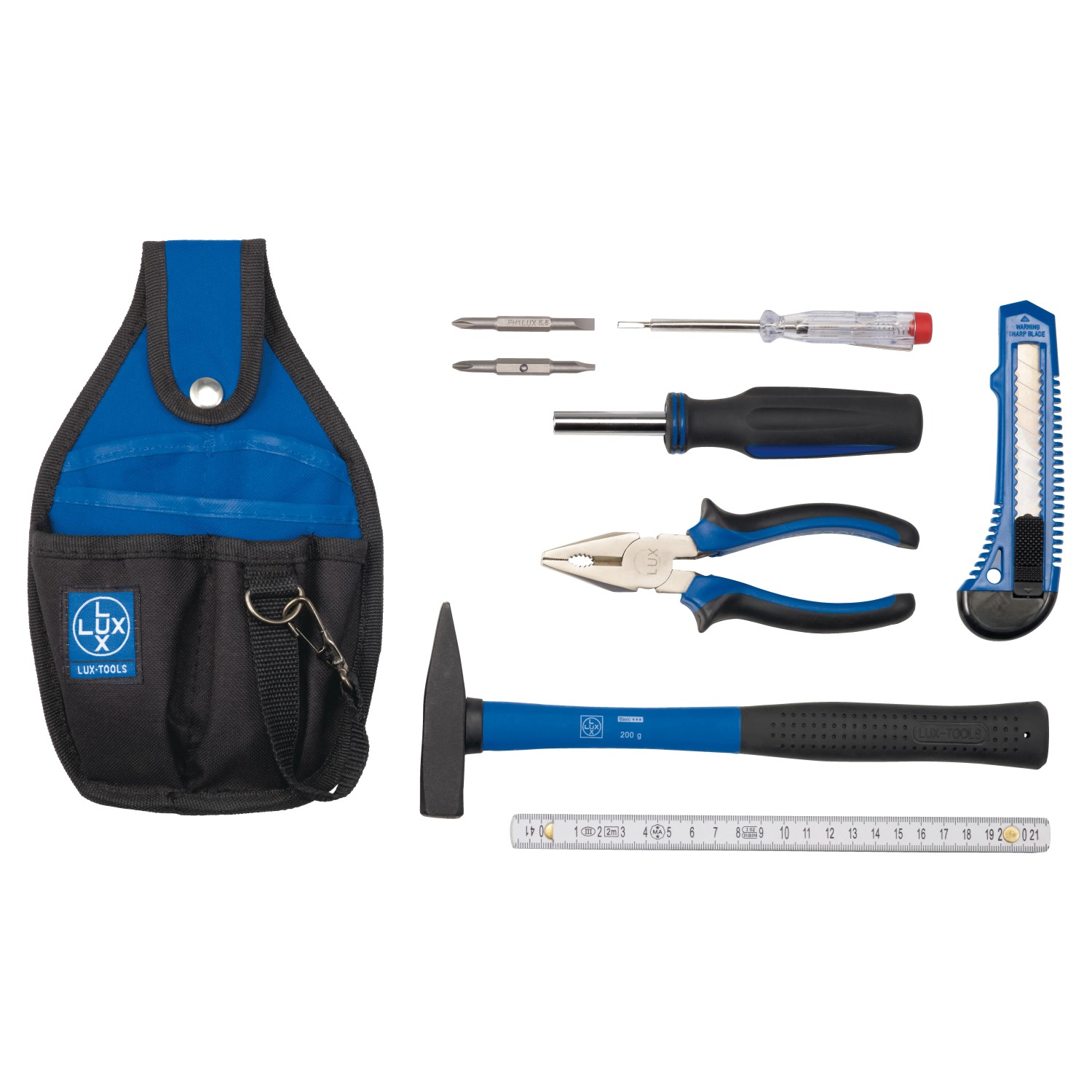 Set di attrezzi LUX Classic, 7 pezzi con borsa, martello, pinze, cacciavite, coltello, metro pieghevole e tester di tensione.