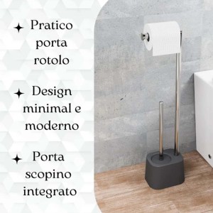 Set WC freestanding con porta carta igienica e scopino, design moderno.