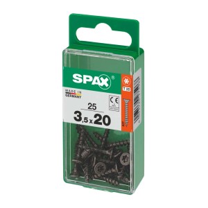 Viti universali Spax, 3,5x20 mm, zincate, nere, 25 pezzi in contenitore di plastica verde.