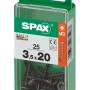 Viti universali Spax, 3,5x20 mm, zincate, nere, 25 pezzi in contenitore di plastica verde.