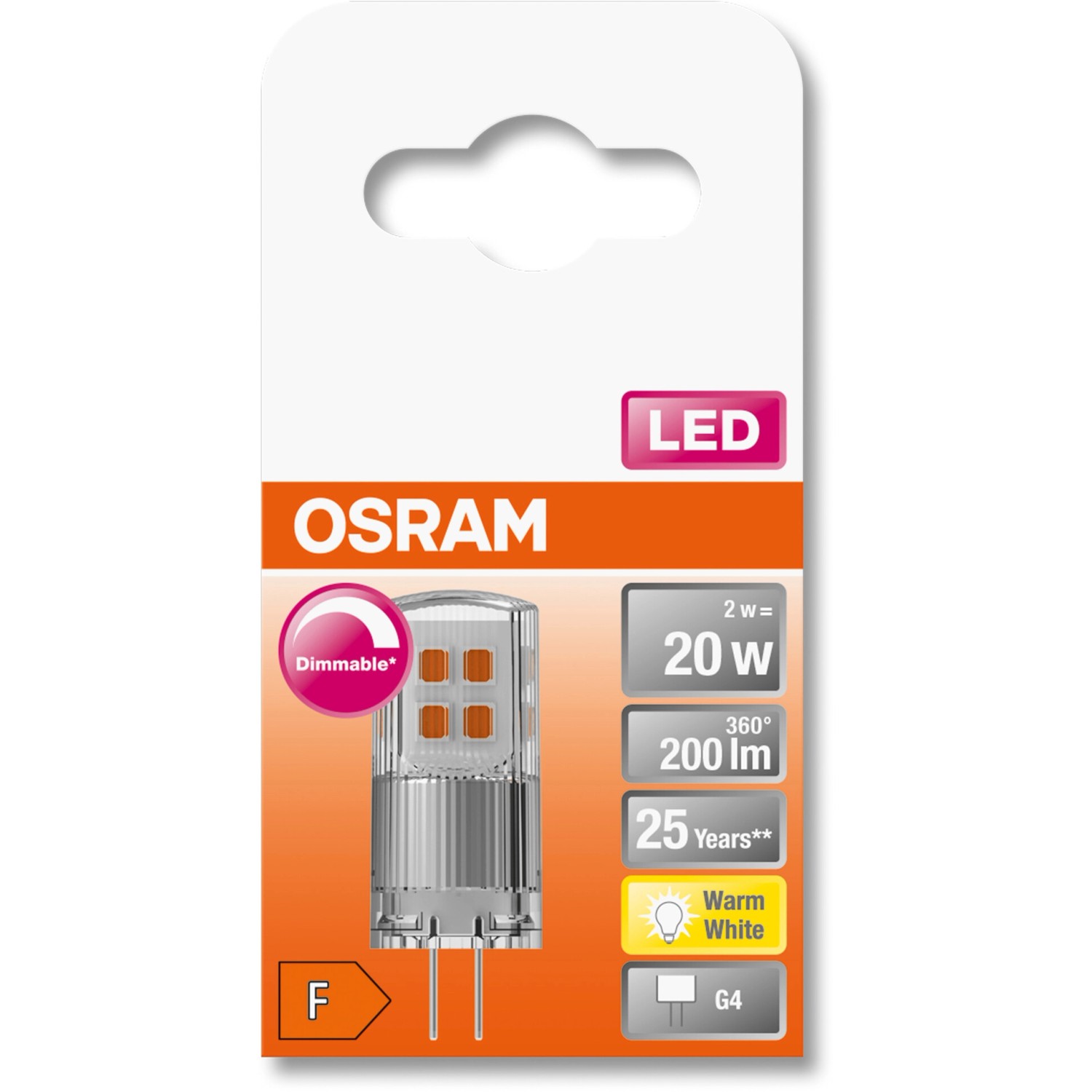 Lampadina LED Osram G4, 2W, bianco caldo, dimmerabile. Lampada LED compatta per attacco G4.