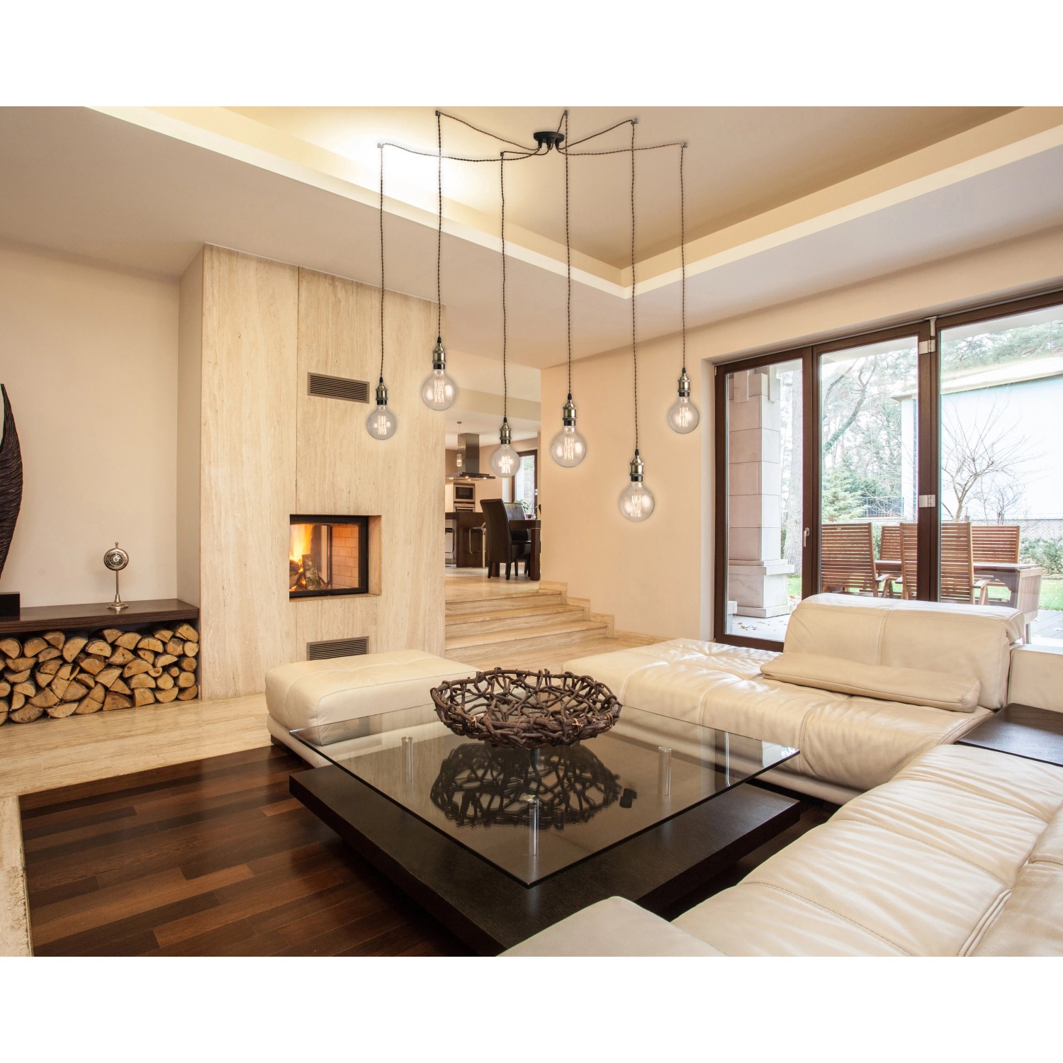 Moderna lampada da soffitto Luce Design Groove color rame con sei lampadine in soggiorno.