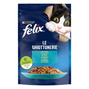 Felix cibo umido per gatti al tonno in gelatina, alimento completo in busta.