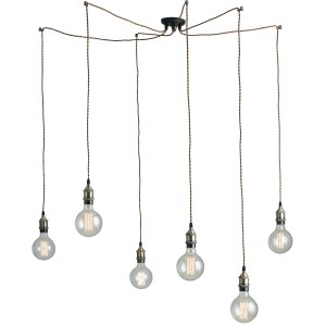 Lampada da soffitto Luce Design Groove rame con sei lampadine e cavi tessili marroni.
