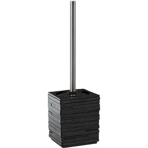 Set scopino WC nero con contenitore quadrato e manico in acciaio inox.
