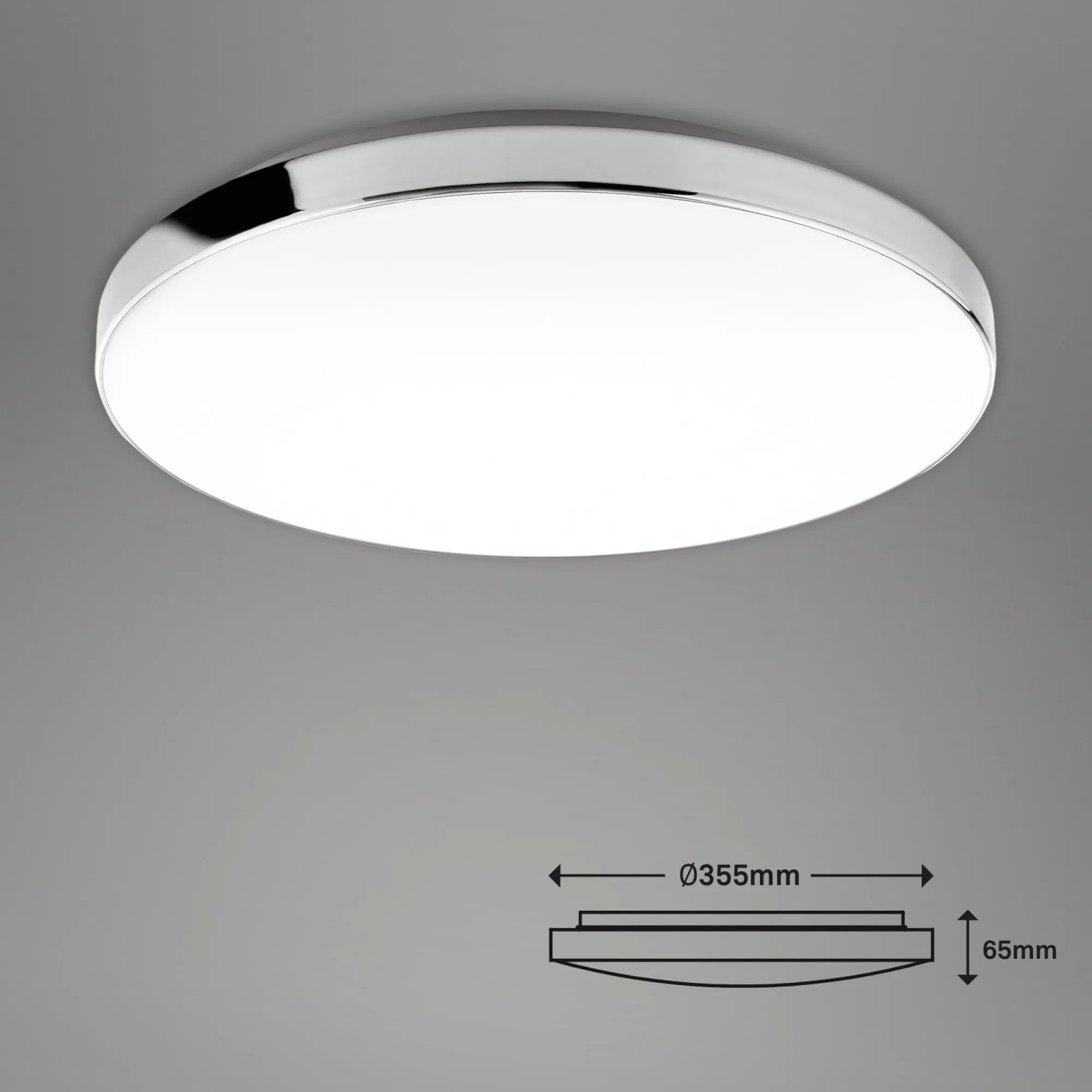 Plafoniera LED bianca Brilo Malbona, Ø 35,5 cm, con bordo cromato. Resistente agli spruzzi.