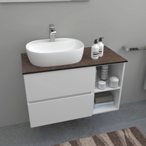 Mobile lavabo con lavabo d'appoggio, bianco con piano marrone e vani portaoggetti.