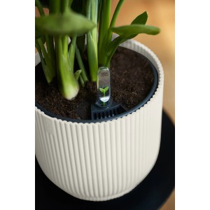 Vaso per fiori Elho Vibes Fold, Ø 18cm, bianco seta, con pianta e sistema di irrigazione.