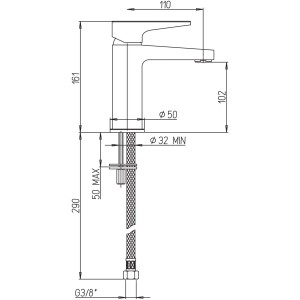 Disegno tecnico: t.b.t. rubinetto lavabo con dimensioni.