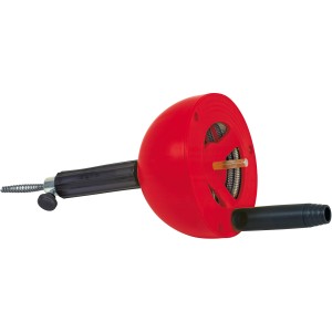 Spirale per la pulizia dei tubi Rothenberger con contenitore in plastica rosso e adattatore per trapano.