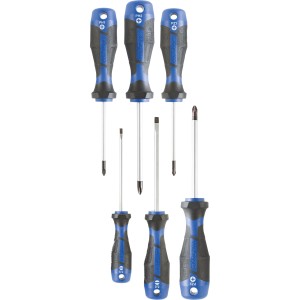 Set cacciaviti LUX Comfort, 6 pezzi: cacciaviti a taglio, Phillips, Pozidriv con manico blu e nero.