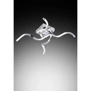 Plafoniera LED cromata moderna con elementi curvi.