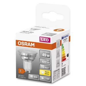 Lampadina LED GU10 Osram, bianco caldo, 6.9W, nella confezione.
