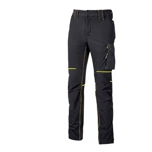 Pantaloni da lavoro neri t.b.t. con dettagli gialli e tasca laterale.