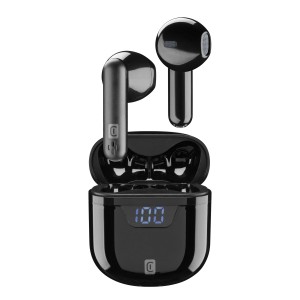 Cuffie in-ear t.b.t. nere con custodia di ricarica e display digitale.