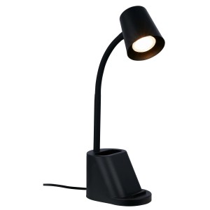 Lampada da scrivania nera con braccio flessibile e portapenne.
