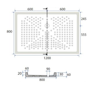 Disegno tecnico del piatto doccia t.b.t. con dimensioni 1200x800 mm.