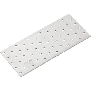 Connettore piatto zincato rettangolare (240x100 mm) con molti fori per il fissaggio di parti di mobili.