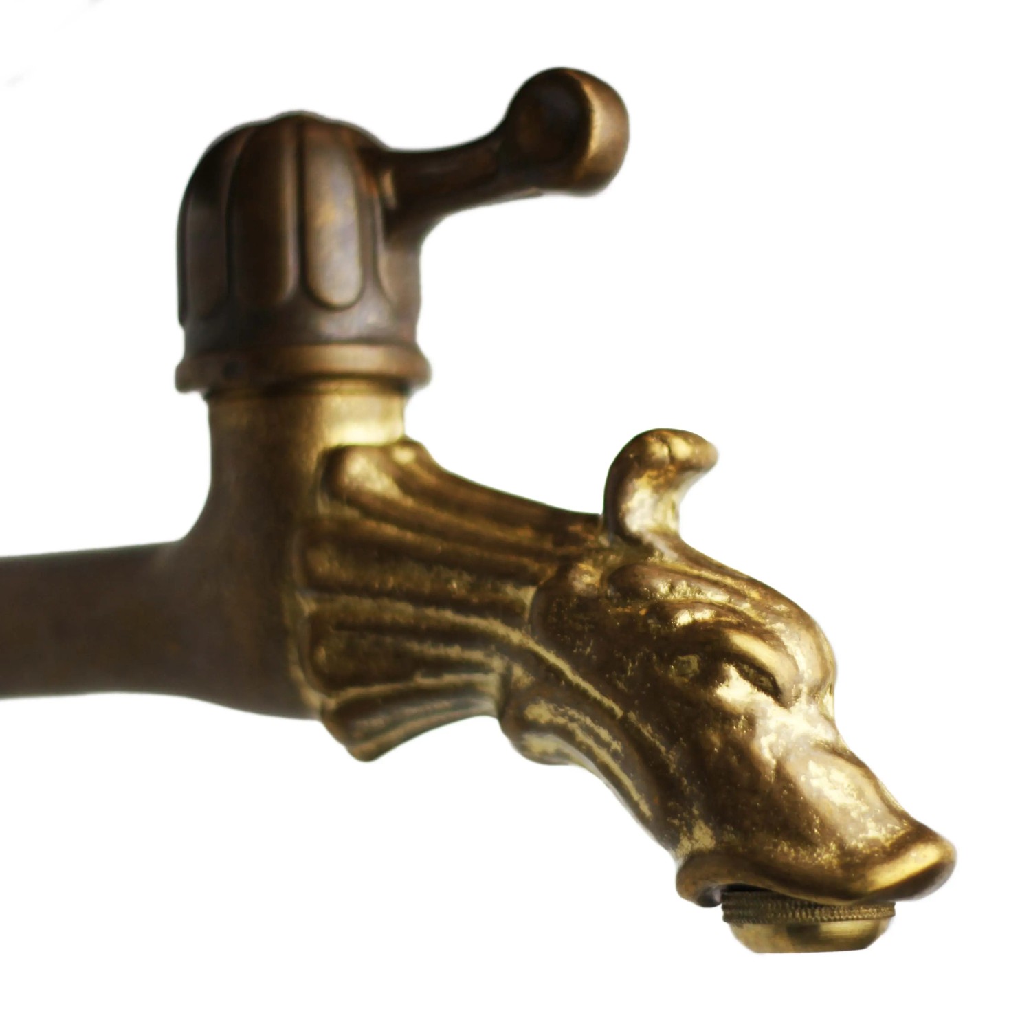 Dettaglio di un rubinetto da giardino dorato in stile antico con design a testa di drago.