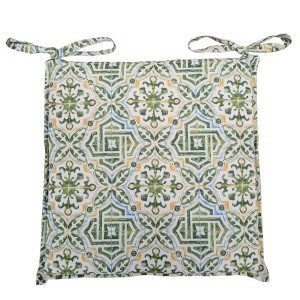 Cuscino quadrato per sedia con motivo a piastrelle verde e blu e lacci.