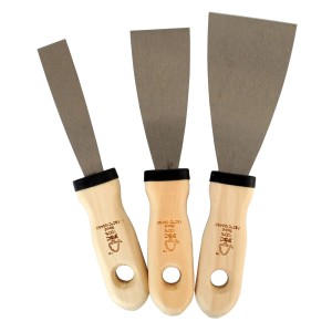 Set di tre spatole t.b.t. con manici in legno per stucco.