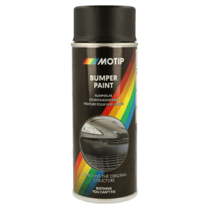 Spray vernice paraurti MOTIP nero opaco per riparazione carrozzeria su paraurti in plastica. Lattina con etichetta arcobaleno.