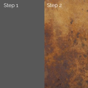 Applicazione di vernice in due passaggi: Grigio (Passaggio 1) ed effetto ruggine (Passaggio 2).