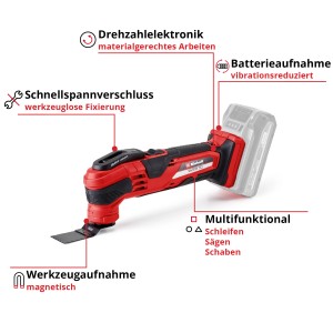 Einhell Power X-Change Varrito Solo multiutensile a batteria, rosso/nero, con accessori per segare, levigare e raschiare.
