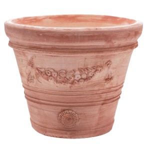 Vaso in terracotta t.b.t. con motivo a rilievo per giardino o terrazzo.