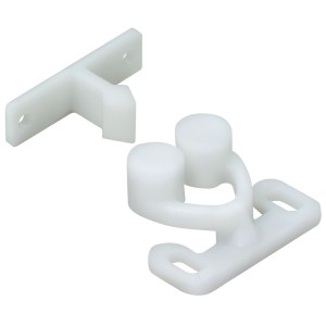 Chiusura a scatto Hettich bianca in plastica, 14x30x25mm, per accessori per mobili.