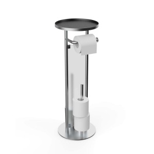 Porta carta igienica freestanding argentato con ripiano.