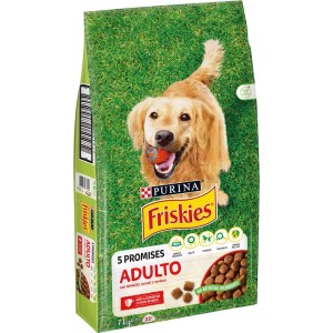 Friskies Adulto cibo secco per cani, sacco con Golden Retriever e crocchette.