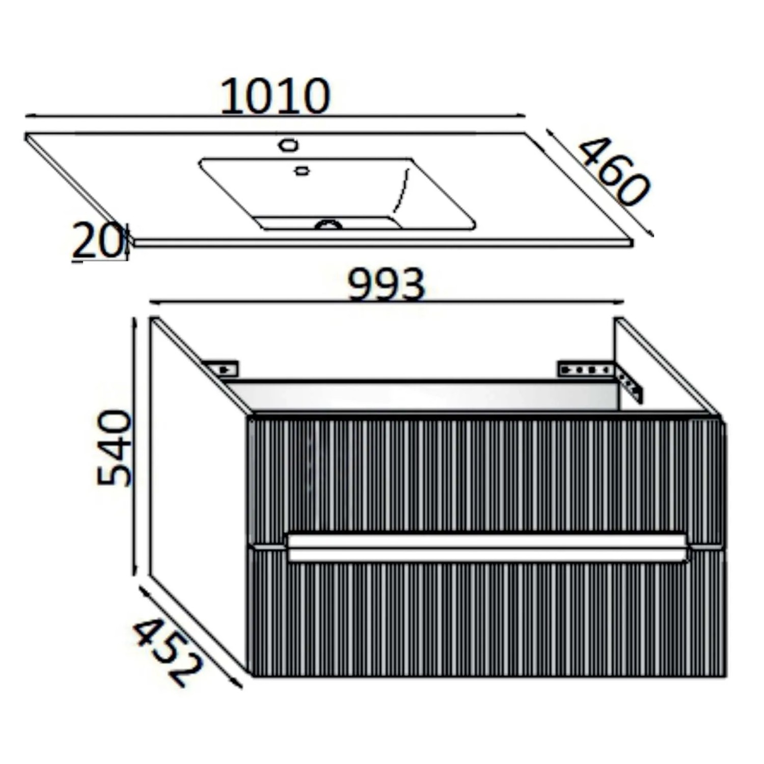 Schizzo di mobile lavabo con dimensioni per arredo bagno.