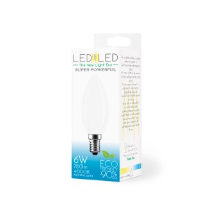 Lampadina LED E14 a candela, 6W, bianco neutro, nella confezione. Lampada LED a risparmio energetico.