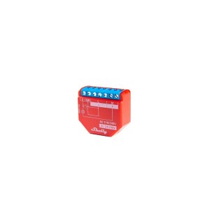 Dettaglio del modulo relè Shelly Plus 1PM rosso per montaggio a incasso.