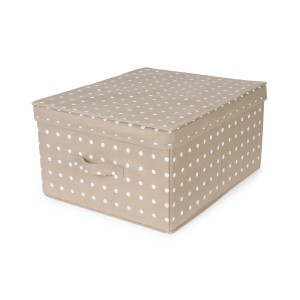 Scatola portaoggetti beige a pois bianchi con coperchio, organizer armadio.