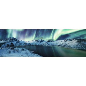 Quadri: Paesaggio invernale con aurora boreale su montagne innevate e lago scuro.