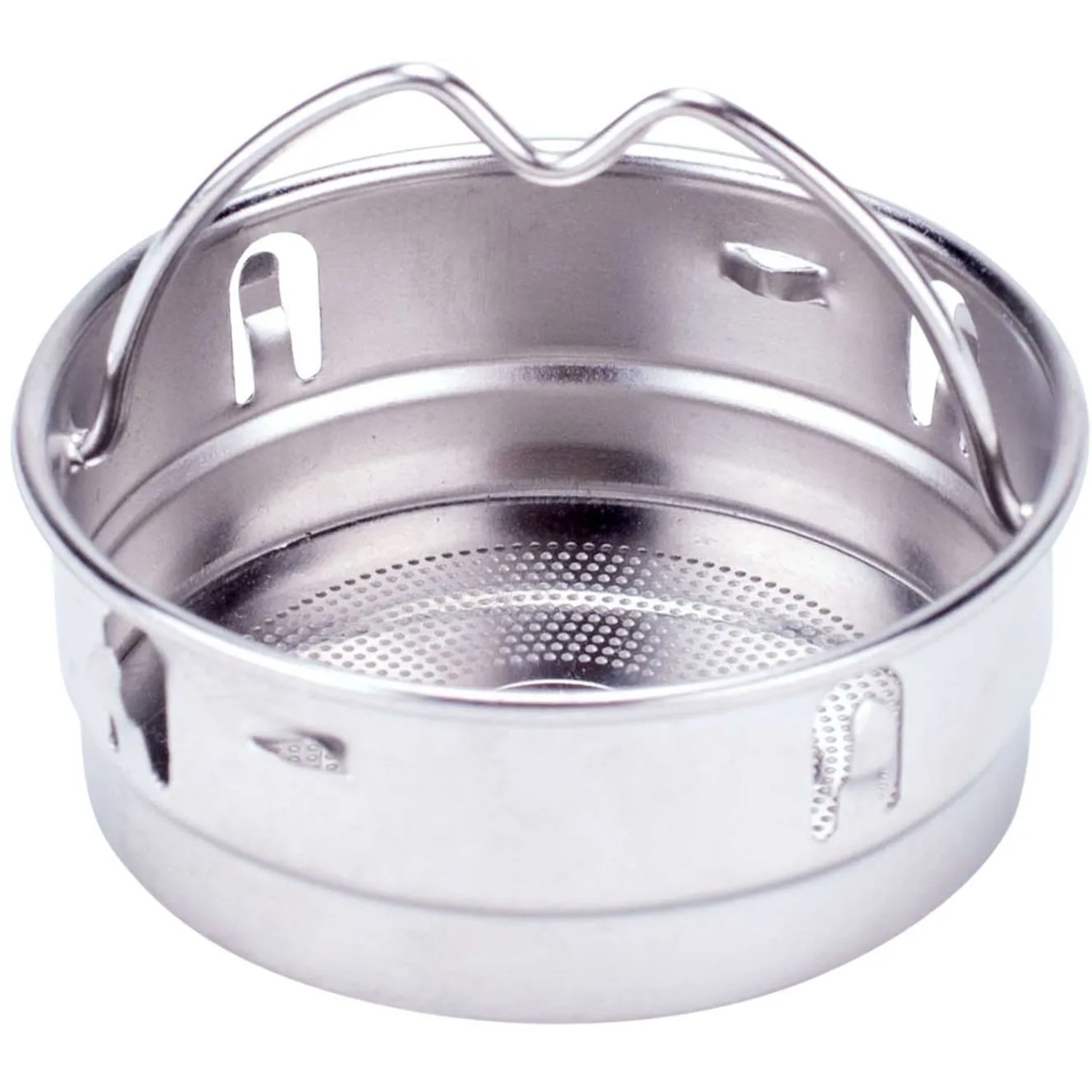 Inserto filtro in acciaio inox per fornello da campeggio, parte dell'attrezzatura da campeggio.
