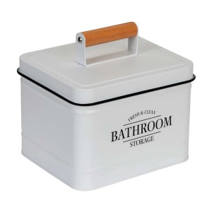 Contenitore bianco per accessori bagno con manico in legno.