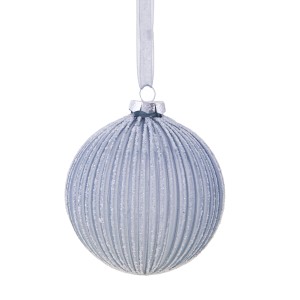 Palla di Natale azzurra a coste con glitter e nastro.