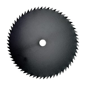 Lama per sega circolare nera con denti affilati per tagli precisi.