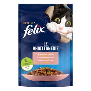 Felix Le Ghiottonerie cibo umido per gatti con salmone e zucchine.