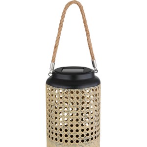 Lanterna solare decorativa con intreccio in rattan e manico.
