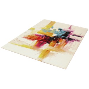 Tappeto moderno con sfumature astratte di giallo, rosso, blu e nero.