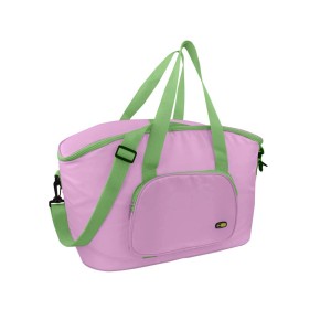 Borsa da campeggio rosa con manici verdi e tasca esterna.